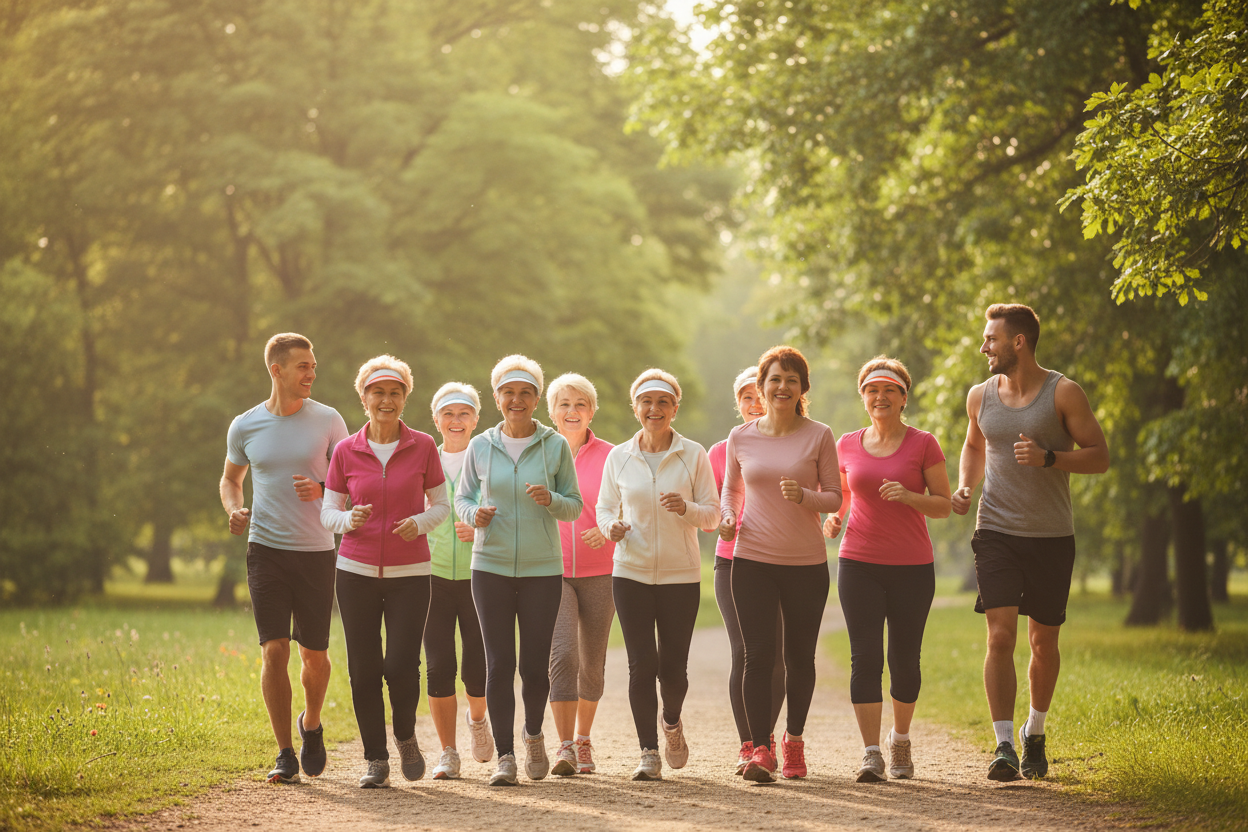 Gruppe mit älteren und jungen Menschen beim Joggen im Park